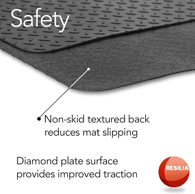 RESILIA Garage Mat, Prevents Stains Decorative Embossed Diamond Plate Pattern Black, 3 Feet x 4 Feet, Made in The USA