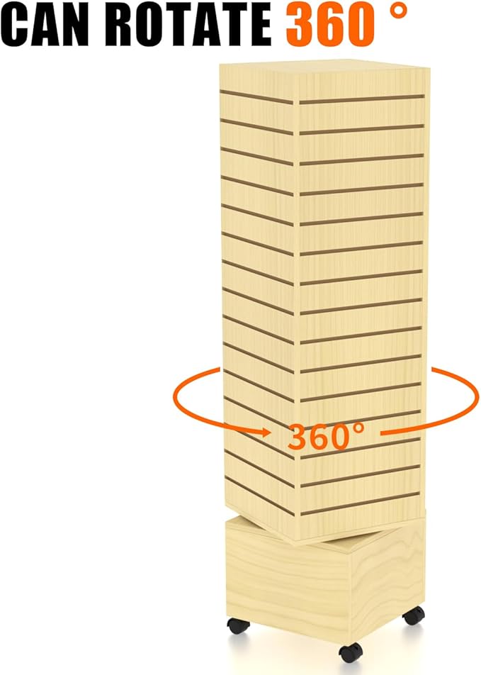 WISDOMFUR Rotating Slatwall Display Rack – 16"x16"x60" Maple Spinning Tower with Wheels – Retail Display Fixture for Accessories, Hooks & Shelves
