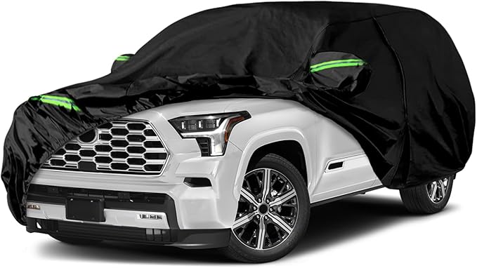 Waterproof Car Cover Compatible with Toyota Sequoia 2001-2025, Black 210T All Weather Inside Cotton Cover with Door Zippers for Snow Rain Dust Outdoor Protection