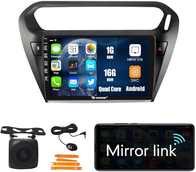 Kunfine Car Android Navigation Stereo GPS Radio Reverse Camera Display 9" IPS Touchscreen Headunit Tablet Pad Media Player for Peugeot 301 2013-2022, if Applicable Quad Core 1G+16G Matte Black