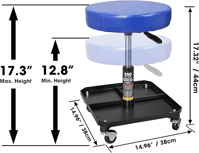 TCE ATR6350U Torin Rolling Pneumatic Creeper Garage/Shop Seat: Padded Adjustable Mechanic Stool with Tool Tray Storage, Blue