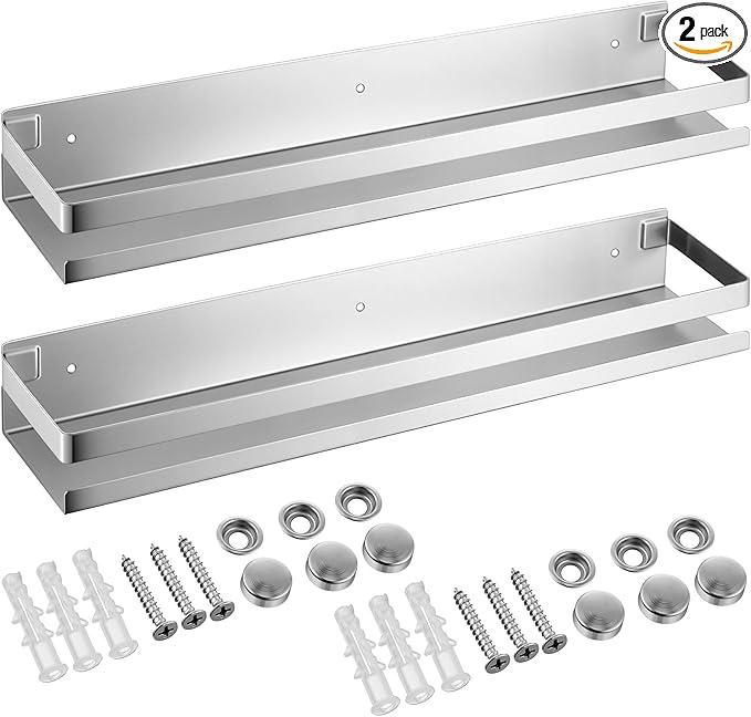 Lallisa 2 Pieces Stainless Steel Shelf Bathroom Shower Floating Shelves Wall Mounted Shower Caddy Basket Shelf Storage Organizer Shelves for Bathroom, Kitchen, Living Room(19.69 Inches/ 50 cm,Silver)