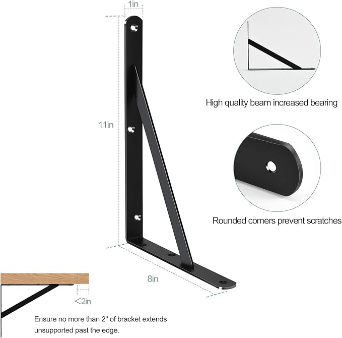 12 Pack L11 x H 8" Black Heavy Duty Shelf Brackets with Screws Metal Shelf Brackets Shelf Support Angle Brackets for Shelves L Brackets Heavy Duty Floating Shelf Brackets