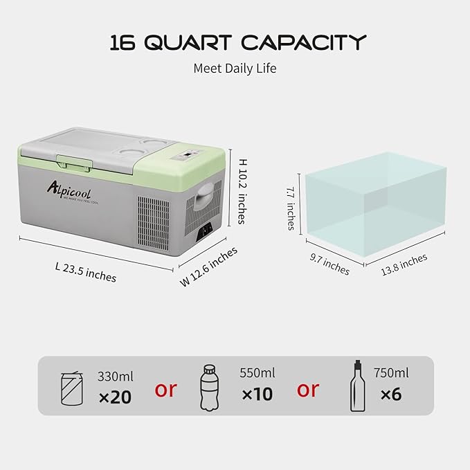 Alpicool Y16T Portable Fridge 12 Volt Car Refrigerator 16 Quart Freezer for Fishing, Camping, RV, Truck, Boat-12/24V DC