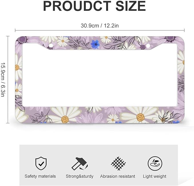 Flowers Daisy License Plate Frames - 2 Pcs Set 2 Holes Metal Aluminum Auto Car Accessories Decoration License Plate Frame 12.2 x 6.3 inch for Women Men Gift