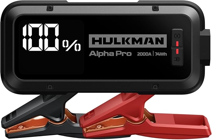 Hulkman Alpha Pro Solid Black, 2000A 74Wh Car Jump Starter Portable, High-Capacity Battery Booster & Jumper Cables, 3.3" Display Jump Box, PD65W in&Out, 12V Battery Pack for 8.5L Gas/6.0L Diesel
