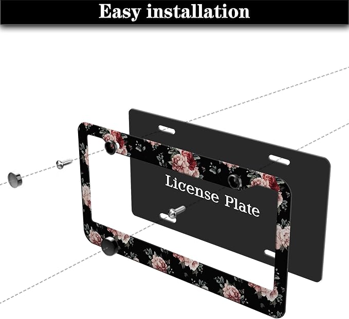 Fun License Plate Frame Protector License Plate Frames for Women Pink and Cream Dark Floral Universal Aluminum Car Accessory 2 Pack with Screw Covers Set