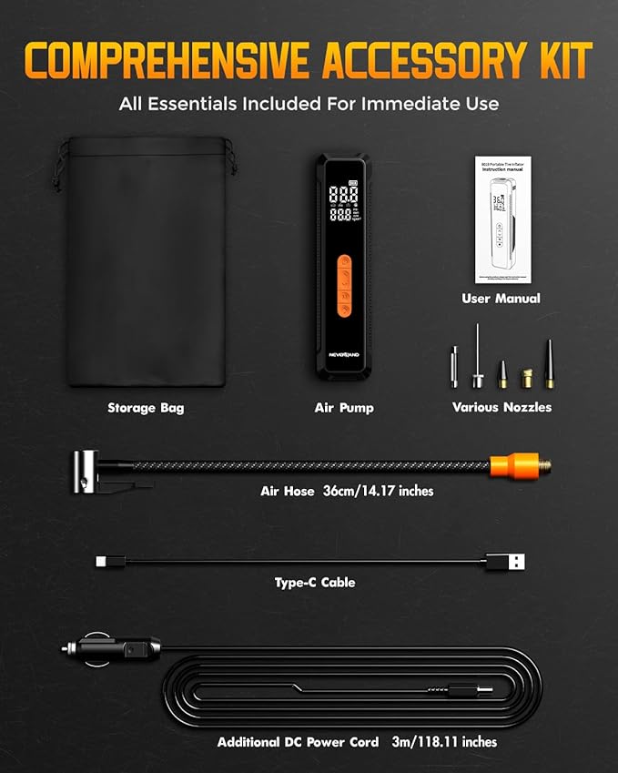 NEVERLAND Tire Inflator Portable Air Compressor - 20000mAh 150PSI Car Tire Air Pump Portable, 12V DC Auto Tire Inflator with Gauge, Electric Air Compressor for Car, Bike, Motocycle, Ball(2025 Version)