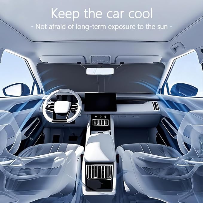Car Windshield Sun Shade,Foldable Reflective Sun Visor,Sun Heat and UV Rays Blocker,210T Coated Silver Cloth Reflective Polyester