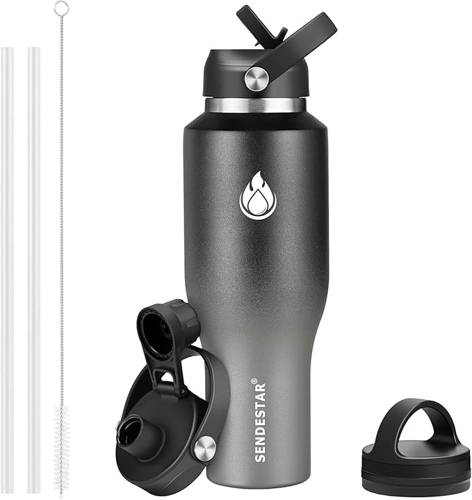 SENDESTAR 40oz Stainless Steel Water Bottle(Cold for 48 Hrs, Hot for 24 Hrs),Double Wall Vacuum Insulated Bottle with Straw Lid, Spout Lid and Flex Cap, Fit in Any Car Cup Holder，Grey-B