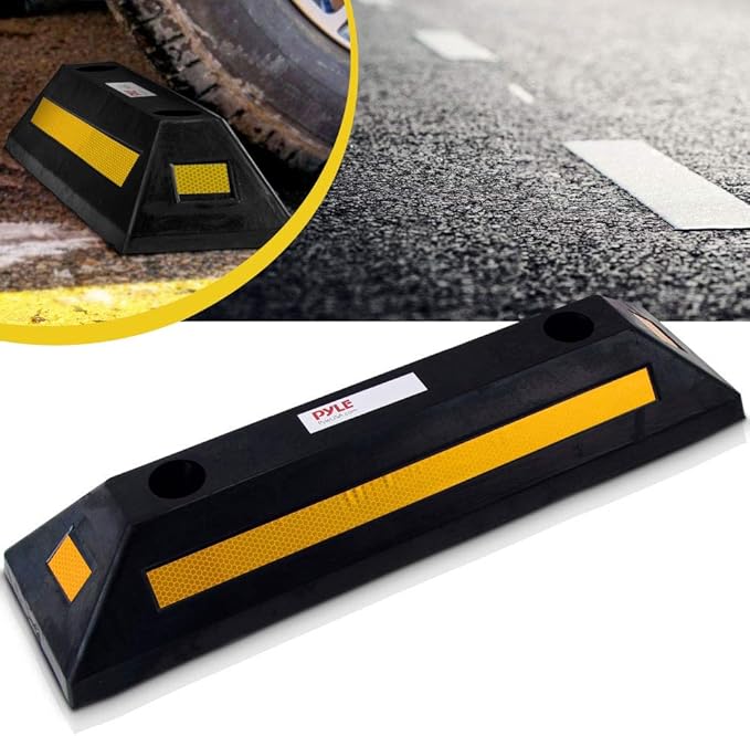 Pyle Curb Garage Vehicle Floor Stopper for Parking Safety 1PC Heavy Duty Rubber Parking Lot Driveway Stopper, For Car Vans Trucks Tire Wheel Guide Block Protect Bumper- Pyle PCRSTP11