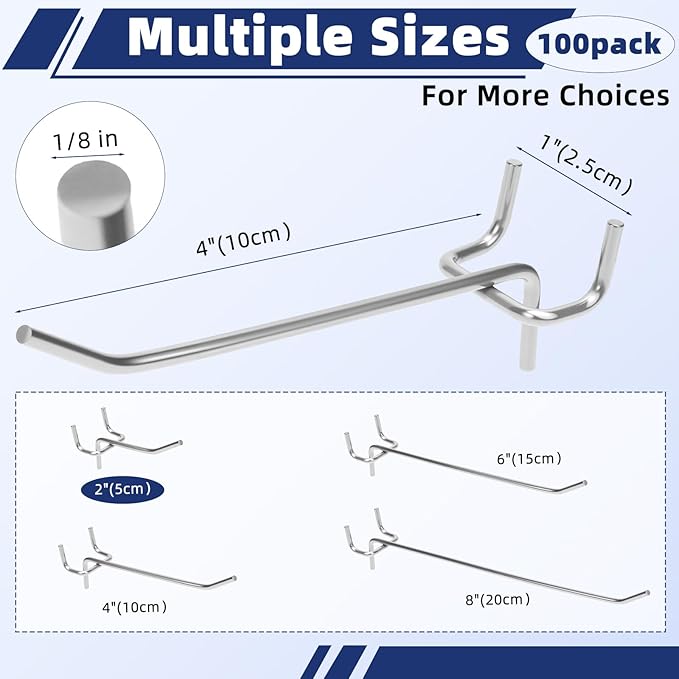 100 Pack Pegboard Hooks Set, 4 Inch Stainless Steel Pegboard Hooks Bulk Fit 1/8" Pegboard for Wall Shelving Display Hanging Tools Accessories Hanging Holders for Storage Craft Room Kitchen Store
