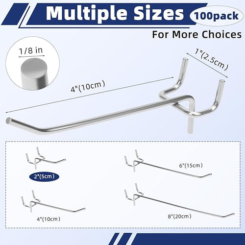 100 Pack Pegboard Hooks Set, 4 Inch Stainless Steel Pegboard Hooks Bulk Fit 1/8" Pegboard for Wall Shelving Display Hanging Tools Accessories Hanging Holders for Storage Craft Room Kitchen Store
