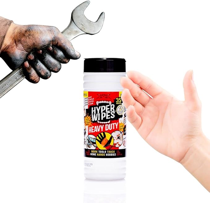 Hyper Wipes, 1 Pack Heavy Duty Hand & Tool Cleaning Wipes, 7"x12" Size Multi-Surface Cleaning Wipes, Degreasing, All Purpose Cleaner, Bathroom, Mechanic, Work Surface Wipes, 35 Count Canister