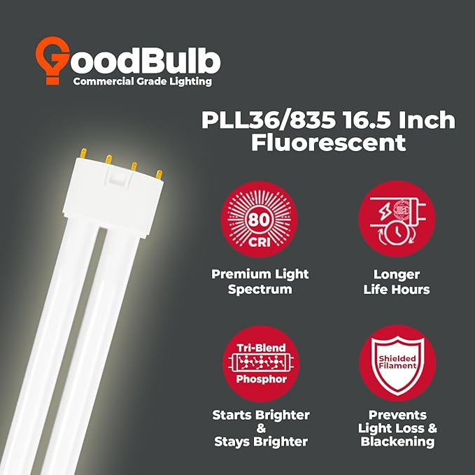 GoodBulb PLL36/835 36W 16.5" Twin Tube Compact Fluorescent Light Bulb 4-pin 2G11 Base 3500K Neutral White 2400 Lumen 36000 Hour Long Life Biax Pack of 10
