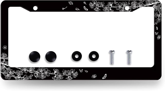 Black White Cherry Blossom License Plate Frame Butterfly Flower License Plate Holder Stainless Steel Car Accessories Decoration 6.3"X12.3" with 2 Holes Screws