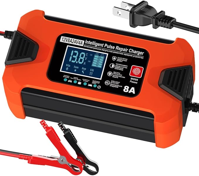 ZiYiJuan 8-Amp Smart Car Battery Charger and Maintainer, 12V/24V Automatic with LCD Display