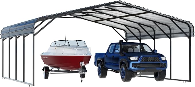EBE 20' x 20' Outdoor Carport, Heavy Duty Metal Carports with Galvanized Steel Roof and Enhanced Base, Carport Canopy Car Shelter Shade for Cars, Ractor, Boat