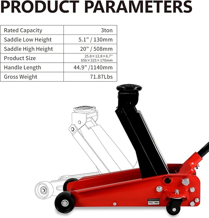 3 Ton Low Profile Floor Jack, Heavy Duty Floor Jack with Single Piston Quick Lift Pump, Steel Car Jack Adjustable Height 5.1"-20", Hydraulic Trolley Floor Jacks 3 Ton/6000 LB Capacity, Red