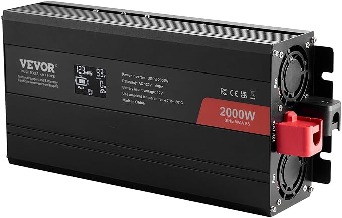 VEVOR Pure Sine Wave Inverter, 2000 Watt, DC 12V to AC 120V Power Inverter with 2 AC Outlets 2 USB Port 1 Type-C Port, LCD Display and Remote Controller for Medium-Sized Household Equipment, CE FCC