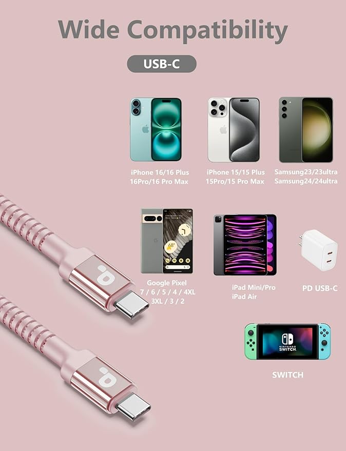 USBC Cables 6FT, 2Pack USB C to USB C Charger Cable, Long USB C Fast Charging Cable Nylon Braided USBC iPhone Charger Cord Compatible with iPhone 16/15/Pro Max/PlusSamsung Galaxy S23/LG/Switch-Pink