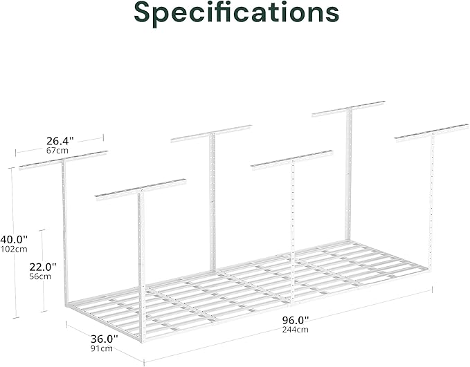SunsGrove 3x8 Garage Storage Overhead Rack Organization, Adjustable Ceiling Mounted Storage Racks, 800LBS Weight Capacity, 22"-40" Ceiling Dropdown, White