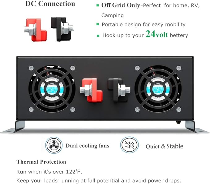 WZRELB Strong Driving Capacity 2500W 24VDC to 120VAC Pure Sine Wave Inverter Power Converter (RBP250024B1), Black
