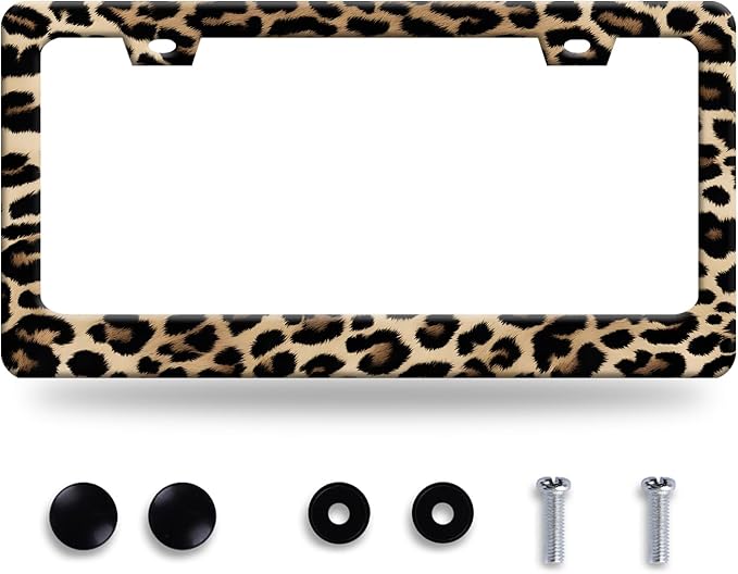 Leopard License Plate Frame Cheetah Leopard Brown License Plate Stainless Steel Funny License Plate Holder Animal Car Accessories with Screws Car Decoration 12.3" x 6.3" Fits Standard Vehicles Size
