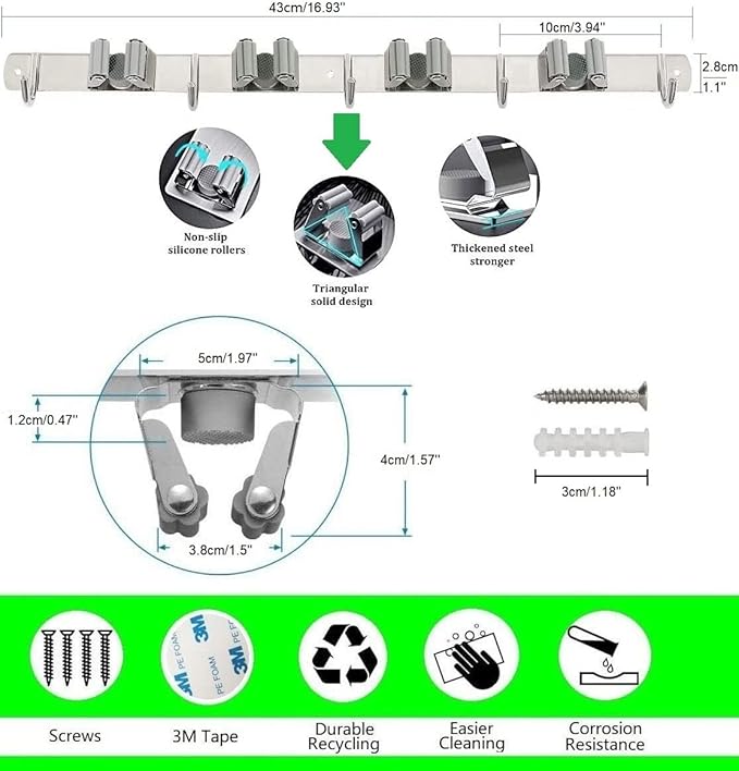 Mop Broom Holder Wall Mount Heavy Duty Adhesive Tools Organizer Rack Stainless Steel with 4 Positions 5 Hooks for Utility Room, Garage, Laundry, Garden, Kitchen, Bathroom, Toilet and Office