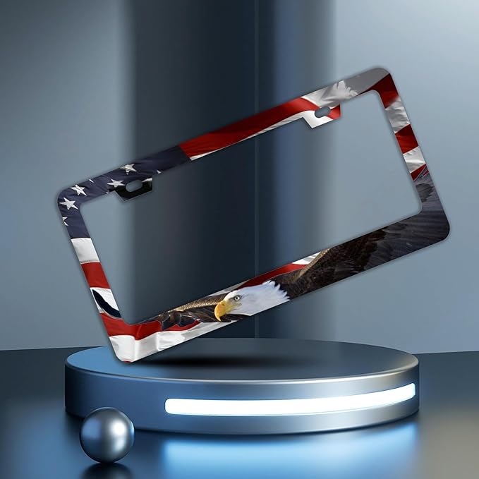 American Flag Eagle License Plate Frames - 2 Pcs Set 2 Holes Stainless Steel Metal Auto Car Accessories Decoration License Plate Frame Cover Size 6.3" x 12.2" Fit US Vehicles for Women Men Gift