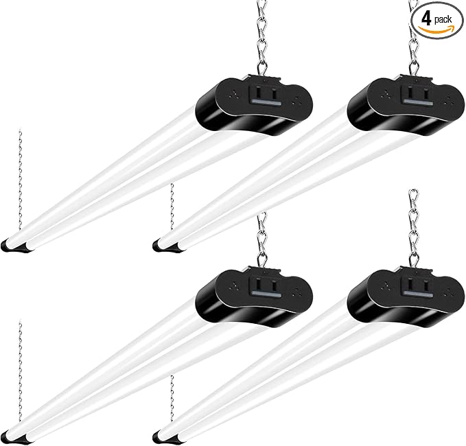 hykolity 4 Pack Linkable LED Shop Light, 4FT 42W [250W Equivalent], 4400lm, 5000K Daylight, with Plug, Utility Light Fixture, Hanging or Surface Mount, Black