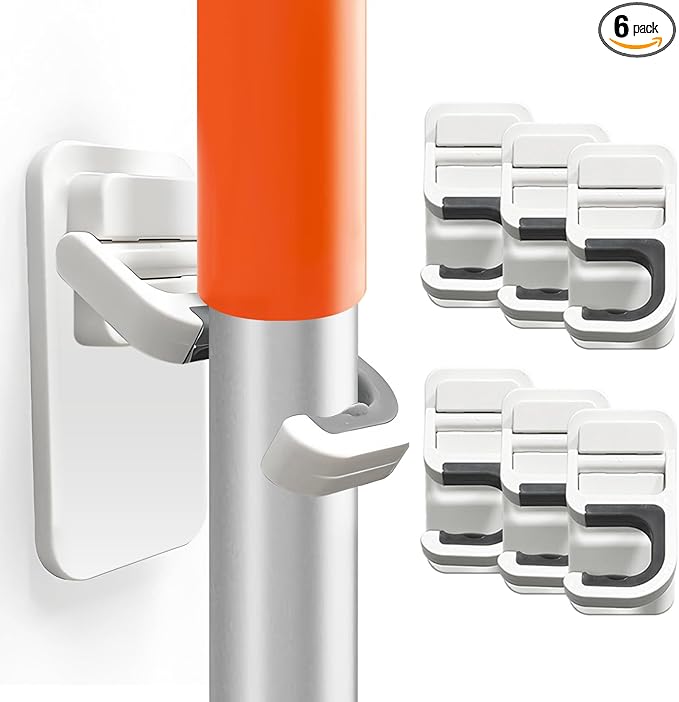 6PCS Broom and Mop Holder Wall Mount, Self Adhesive – No Drilling Broom Hanger Gripper, Organizer Rack Wall Mounted Utility Rack for Kitchen, Bathroom, Closet, Garden Garage