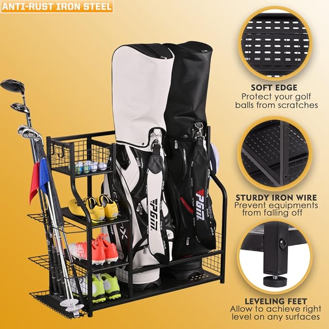 SNAIL Golf Bag Garage Storage Organizer Extra Large Size Golf Bag Rack Stand Holder Fits 2 Golf Bags and Other Golfing Equipment Accessories, Metal Black Golf Club Storage for Garage Shed and Basement