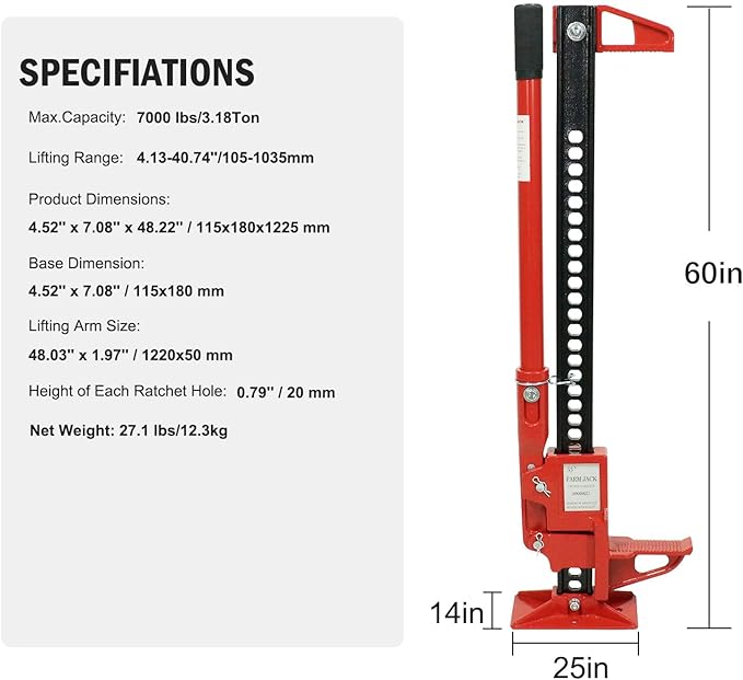 Multi-Functional Lift Jack, Farm Jack Heavy Duty Off Road, for Tractor, Truck, SUV, ATV, UTV, Off Road Accessories, Durable 3 Ton with Wide Base & Ratcheting Mechanism
