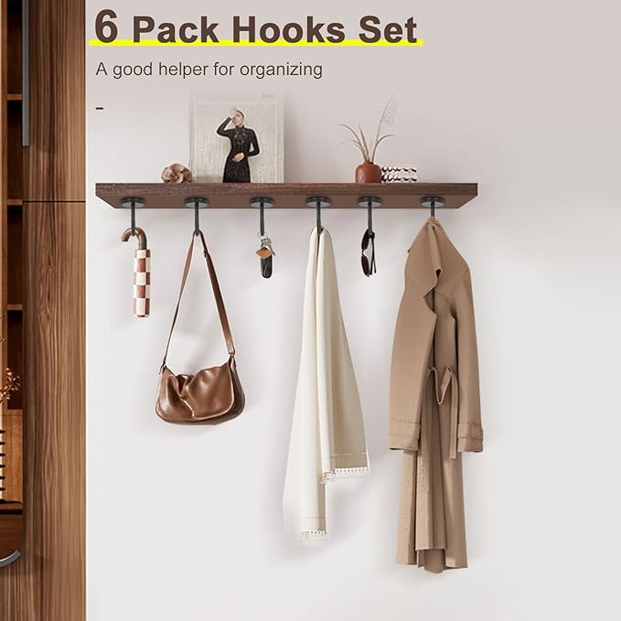 NearMoon Coat Hooks, Wall Hooks for Hanging Hat Hurse Robe, 304 Stainless Steel Heavy Duty Towel Hangers for Bathroom Livingroom Kitchen-Ceiling Hook, 6 Pack (2 Inch, Matte Black)
