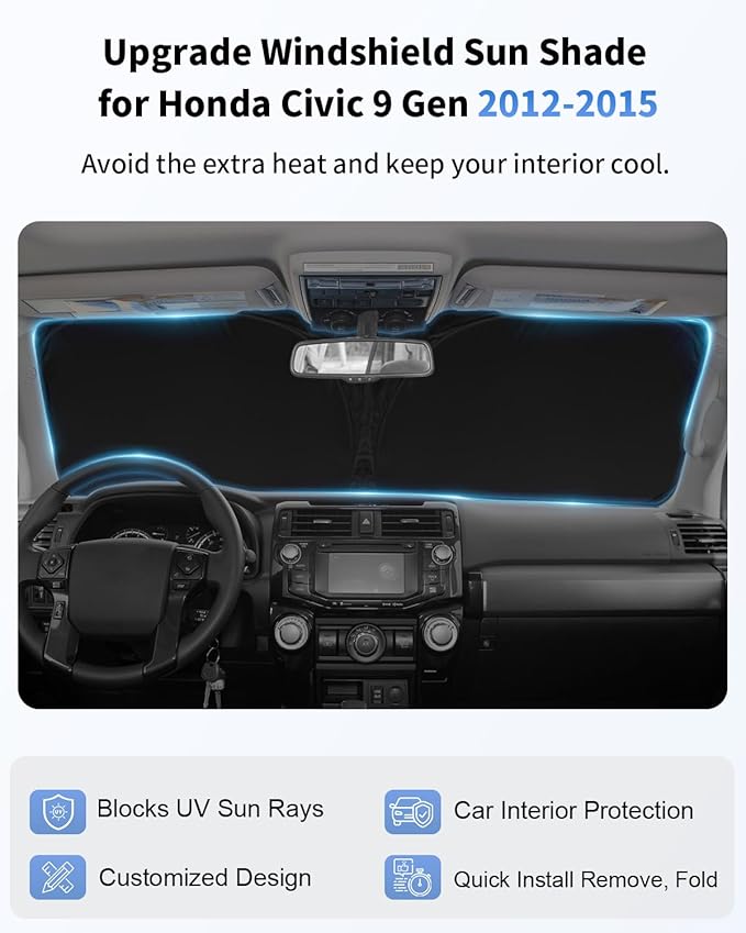 Custom Fit for Civic Car Windshield Sunshade for Honda Civic 9 Generation 2012-2015 Foldable Front Window Sun Shades Shield Cover Sun Visor Protector 240T Reflective Fabric Car Accessories
