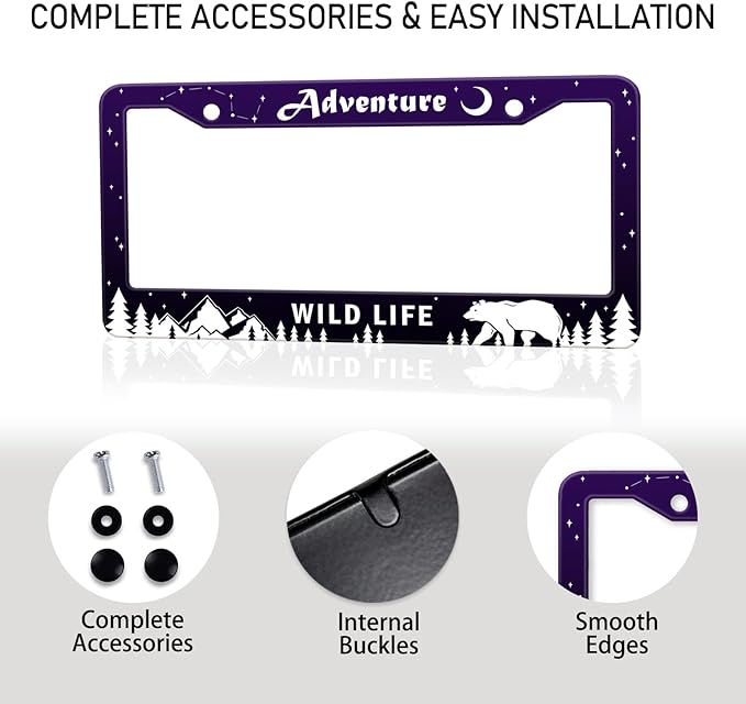Adventure Awaist License Plate Frame, Mountains Forest Bear Tag Plate Frame Holder Cover, Metal Aluminum Rustproof Car Accessories with Screw Caps, Great Gift for Hiking Outdoor Sports Enthusiasts
