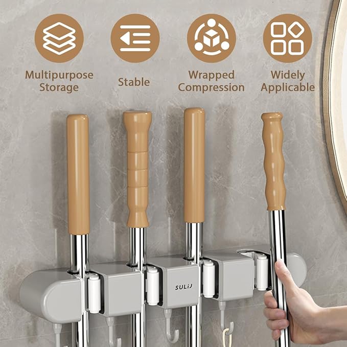 2Pcs Broom Mop Holder with Hooks Wall Mounted Broom Storage Rack No Drilling Self-Adhesive Mop Broom Organizer Mop Holder Hanger for Bathroom Office Kitchen Closet Garage,Grey (2)