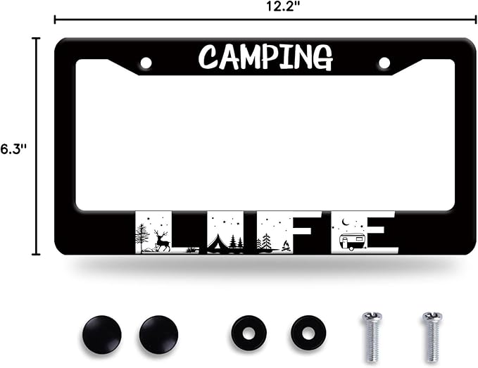 Camping Life License Plate Frame Forest Night Deer License Plate Frames Stainless Steel Accessories Cars Decor with 2 Holes and Screws Fits Standard US CA Vehicles Size 12.2 x 6 Inches