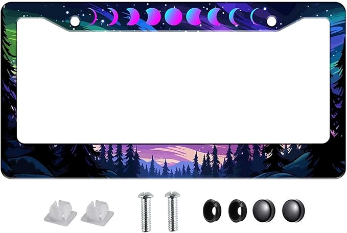 1Pcs Moon and Forest License Plate Frame, Purple Forest Moon License Plate Cover Tag Plate Bracket Holder for Men and Women (Moon Phases Aurora Forest)