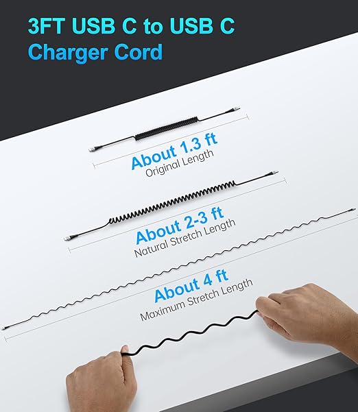 USB C to C 100W 3ft, 2Pack Coiled USB C Charger Cable for Car, Short Type C USBC Fast Charging Cable for iPhone 16/15/Pro/Plus/Pro Max/Samsung Galaxy S23, Compatible All Type C Devices