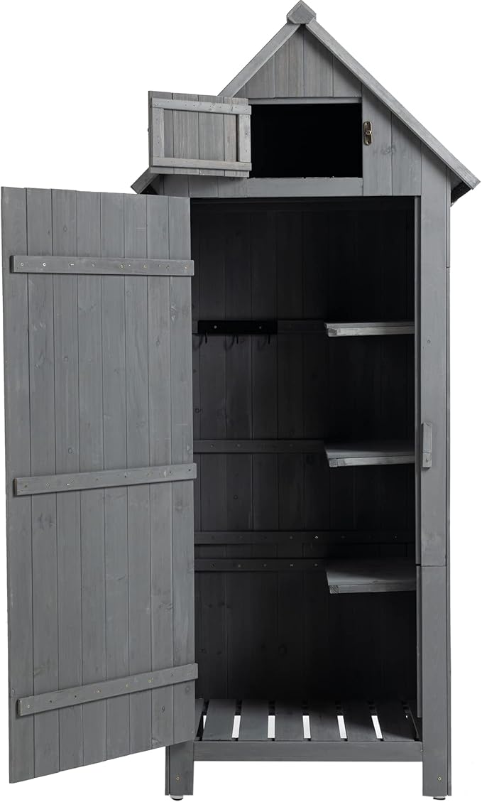 30.3" L X 21.3" W X 70.5" H Outdoor Storage Shed with Waterproof Roof, Solid Fir Wood Frame, and 3 Compartments for Garden Tools, Mower, and Hose,Grey