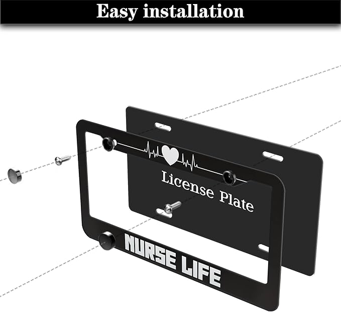 License Plate Protector Black and White License Plate Frames Nurse Life Universal Aluminum Car Accessory 2 Pack with Screw Covers Set