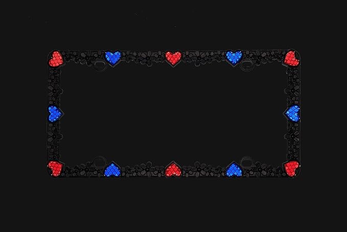 Creathome 3D Daisy Heart License Plate Frame from Pure Zinc Alloy Metal Perfect Plate Holder, Matt Black Daisy with Red and Blue Reflective Heart