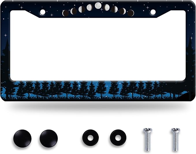 Moon Phase Forest Night License Plate Frame Moon License Plate Frames Stainless Steel Accessories Cars Decor with 2 Holes and Screws Fits Standard US CA Vehicles Size 12.2 x 6 Inches