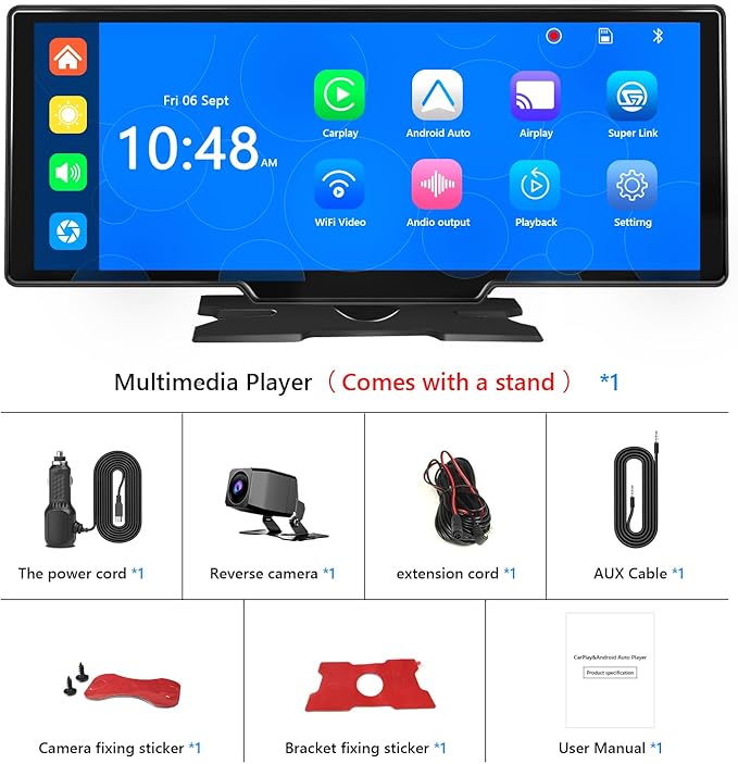 Portable Carplay Screen for Car 9.28" Carplay & Android Auto Car Touch Stereo, with 4K Dash Cam, 1080p Rear Camera,Bluetooth,Touch Screen GPS Navigation,Mirror Link, AirPlay, AUX/FM, Siri