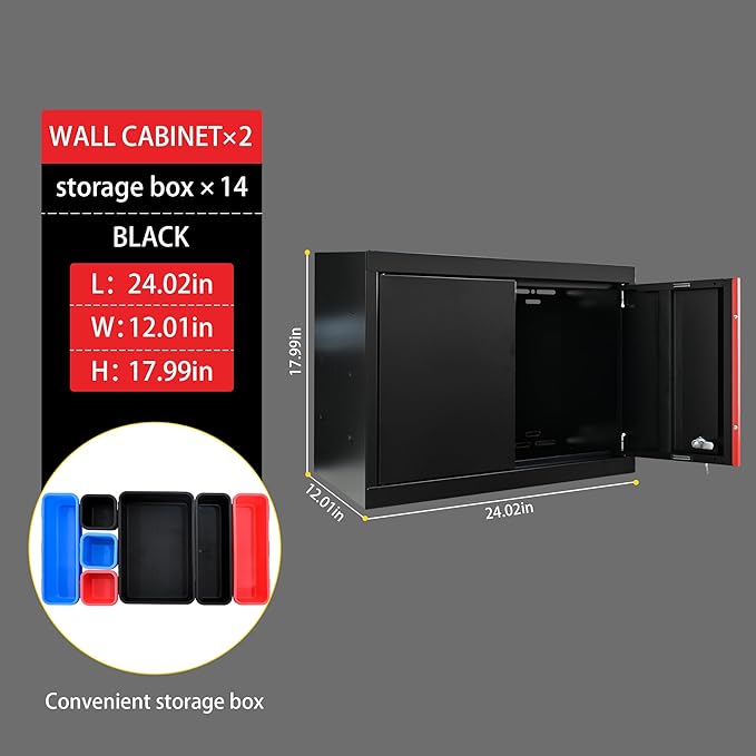 Garage Storage Cabinets System, 6-Pcs Workshop Cabinet Set in Black and Red, Included Steel Cabinets, LED Lights, Wood Panel, Key Locking, Adjustable Door Panels and Legs