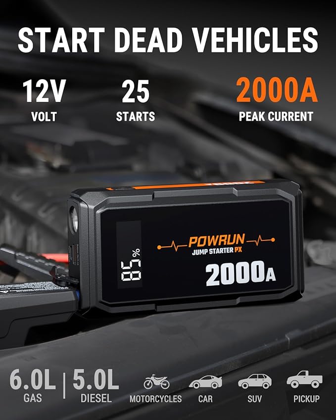 Powrun P-X Jump Starter, 2000A Portable Jump Box - Car Jump Starter Battery Pack for up to 6.0L Gas and 5.0L Diesel Engines, 12V Battery Jump Starter with Carry Bag