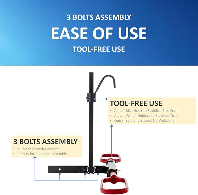 Trailer Hitch Bike Rack for Car 1 Bike, E Bike Carrier Hitch Mount, Fat-Tire Ebike Rack for Tow Hitch, Fits 2" Inch Receiver for SUV Truck Van (1 Bike - 120 Lbs Cap - Red)