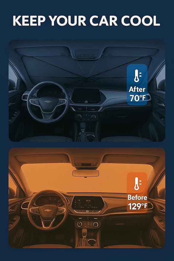 Proadsy Windshield Sun Shade Umbrella for Chevrolet Trax 2024-2025 2026 Models LS, 1RS, LT, 2RS, ACTIV, Foldable Car Umbrella Sunshade with Soft Handle Protect Car from Rays & Heat